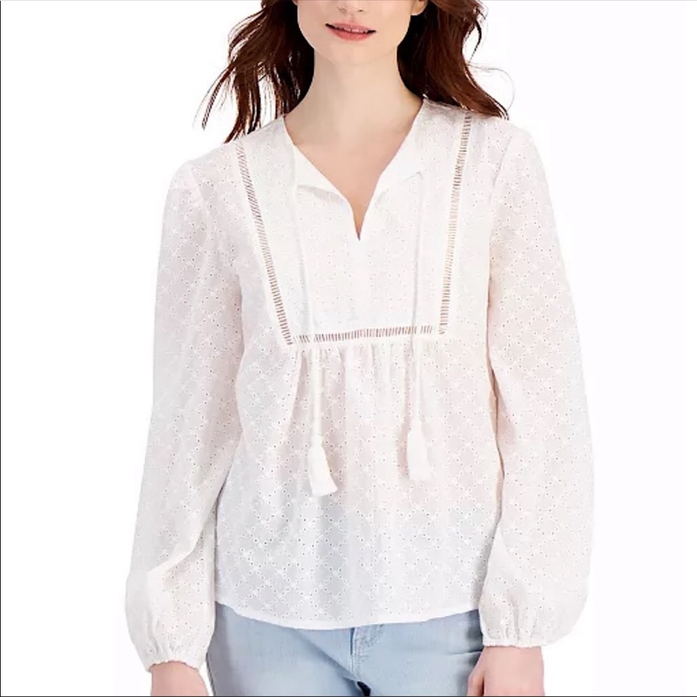 Style & Co NWT Women’s Cotton Eyelet-Embroidered Ladder-Trim White Top X-Large